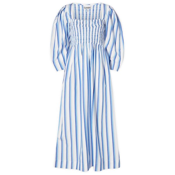 Ganni Stripe Cotton Open-neck Smock Long Dress