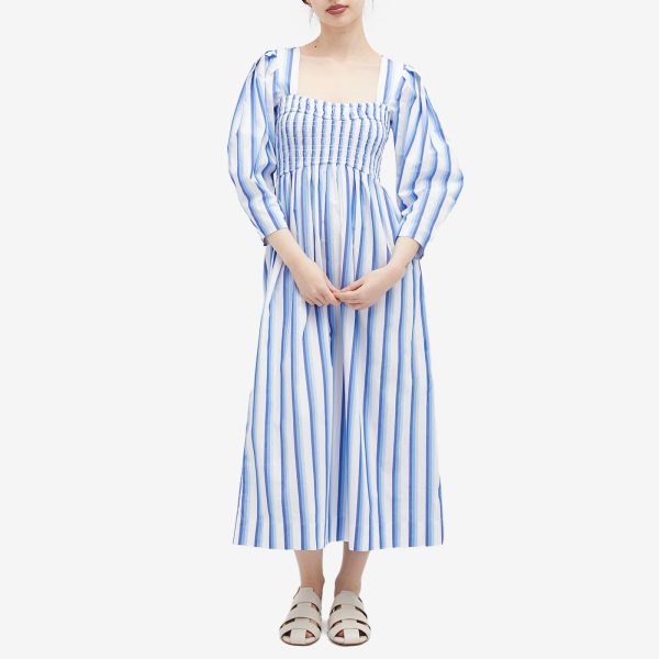 Ganni Stripe Cotton Open-neck Smock Long Dress