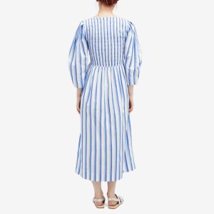 Ganni Stripe Cotton Open-neck Smock Long Dress