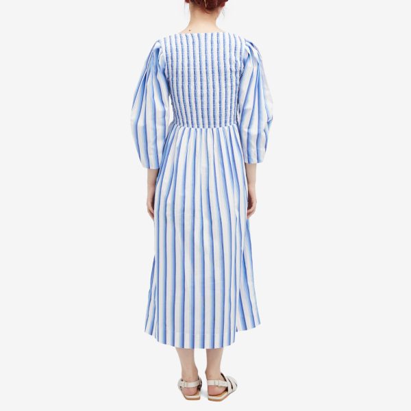 Ganni Stripe Cotton Open-neck Smock Long Dress