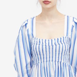 Ganni Stripe Cotton Open-neck Smock Long Dress