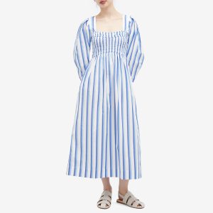 Ganni Stripe Cotton Open-neck Smock Long Dress