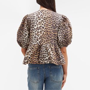 Ganni Printed Cotton Poplin Peplum Blouse